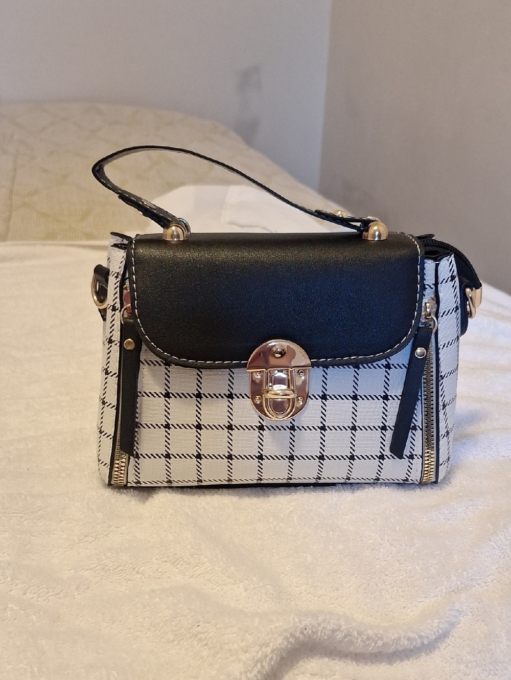 Black & White Plaid Top-Handle Crossbody Bag